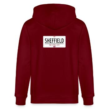 Ortsschild Sheffield - Stanley/Stella Unisex Bio-Kapuzenjacke CULTIVATOR  - Burgunderrot - Hinten - Anna (173cm)