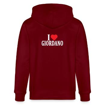 t-shirt I love Giordano t-shirt gift idea - Stanley/Stella CULTIVATOR  Unisex Organic Hooded Jacket - burgundy - Back - Anna (173cm)