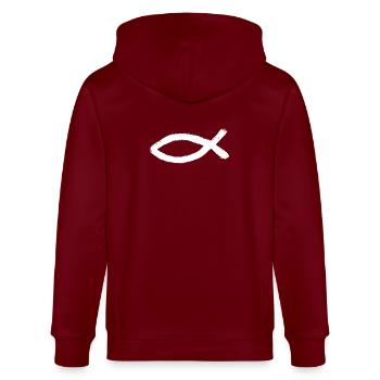 Jesusfisch weiß Ichthys Fisch Jesus - Stanley/Stella Unisex Bio-Kapuzenjacke CULTIVATOR  - Burgunderrot - Hinten - Anna (173cm)