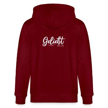 Geliebt, Bibelvers - Stanley/Stella Unisex Bio-Kapuzenjacke CULTIVATOR  - Burgunderrot - Hinten - Anna (173cm)