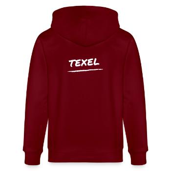 Texel Schriftzug - Stanley/Stella Unisex Bio-Kapuzenjacke CULTIVATOR  - Burgunderrot - Hinten - Anna (173cm)