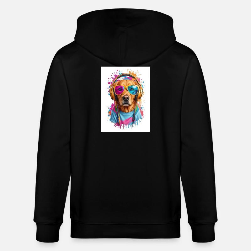 Bunter Hund mit Kopfhörern - Stanley/Stella Unisex Bio-Kapuzenjacke CULTIVATOR - Schwarz