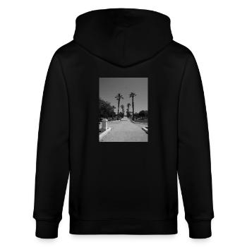 Sicilian beach road with palm trees - Stanley/Stella CULTIVATOR  Unisex Organic Hooded Jacket - black - Back - Anna (173cm)