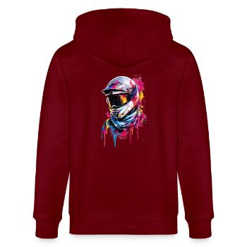 Urban Rider - Bunter Graffiti Motorradhelm - Stanley/Stella Unisex Bio-Kapuzenjacke CULTIVATOR  - Burgunderrot - Hinten - Anna (173cm)