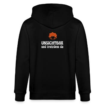 Pumuckl Mit Spruch Unsichtbar Und Trotzdem Da - Stanley/Stella Unisex Bio-Kapuzenjacke CULTIVATOR  - Schwarz - Hinten - Anna (173cm)