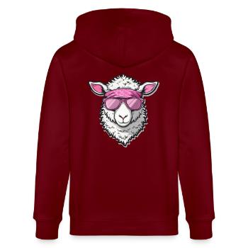 Cooles Schaf mit rosa Sonnenbrille und Stirnband - Stanley/Stella Unisex Bio-Kapuzenjacke CULTIVATOR  - Burgunderrot - Hinten - Anna (173cm)