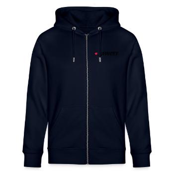 Supporter Herz - Stanley/Stella Unisex Bio-Kapuzenjacke CULTIVATOR  - Navy - Vorne - Nico (186cm) & Anna (173cm)