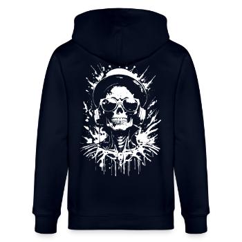 Totenkopf-DJ mit Kopfhörern & Totenkopfbrille - Stanley/Stella Unisex Bio-Kapuzenjacke CULTIVATOR  - Navy - Hinten - Anna (173cm)