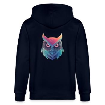 Bunte Eule im holographischen Design - Stanley/Stella Unisex Bio-Kapuzenjacke CULTIVATOR  - Navy - Hinten - Anna (173cm)