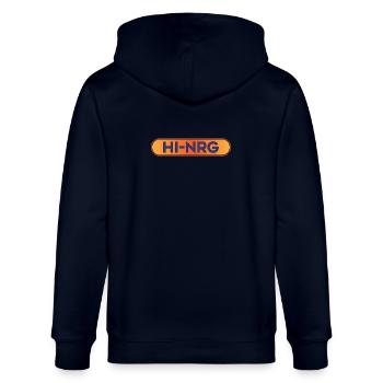 Hi-NRG Retro Neon Text - Stanley/Stella CULTIVATOR  Unisex Organic Hooded Jacket - navy - Back - Anna (173cm)