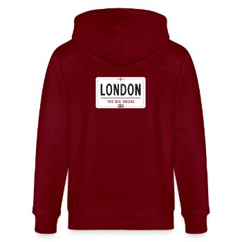 Londoner Ortsschild - Stanley/Stella Unisex Bio-Kapuzenjacke CULTIVATOR  - Burgunderrot - Hinten - Anna (173cm)