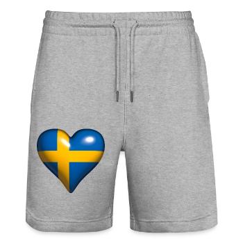 Suède Cœur brillant Croix Jaune Bleu - Short de jogging bio TRAINER Stanley/Stella unisexe - gris chiné - Devant - Nik (191cm) & Marisol (170cm)