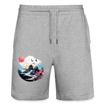 Japanischer Berg-, Wasser- und Pagodenszene - Stanley/Stella Unisex Bio Joggingshorts Trainer  - Grau meliert - Vorne - Nik (191cm) & Marisol (170cm)