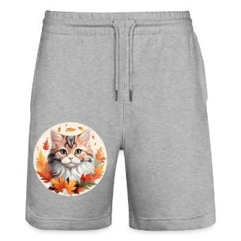 Cat in autumn with colorful leaves - Stanley/Stella Trainer Unisex Organic Jogging Shorts - heather grey - Front - Nik (191cm) & Marisol (170cm)