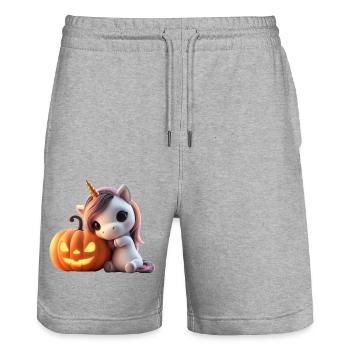 Cute unicorn leaning on pumpkin halloween - Stanley/Stella Trainer Unisex Organic Jogging Shorts - heather grey - Front - Nik (191cm) & Marisol (170cm)