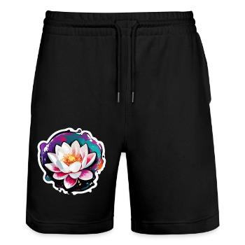 Fleur de Lotus / Nénuphar / Spiritualité / Fleur - Short de jogging bio TRAINER Stanley/Stella unisexe - noir - Devant - Nik (191cm) & Marisol (170cm)