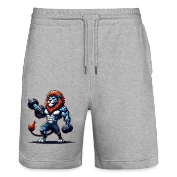 POWERFUL LION POWER MUSCLE BUILDING WEIGHTLIFTING GYM - Stanley/Stella Trainer Unisex Organic Jogging Shorts - heather grey - Front - Nik (191cm) & Marisol (170cm)