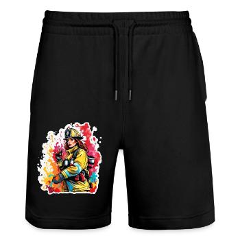 Firefighter / Fire / Fire / Extinguish / Heroine - Stanley/Stella Trainer Unisex Organic Jogging Shorts - black - Front - Nik (191cm) & Marisol (170cm)