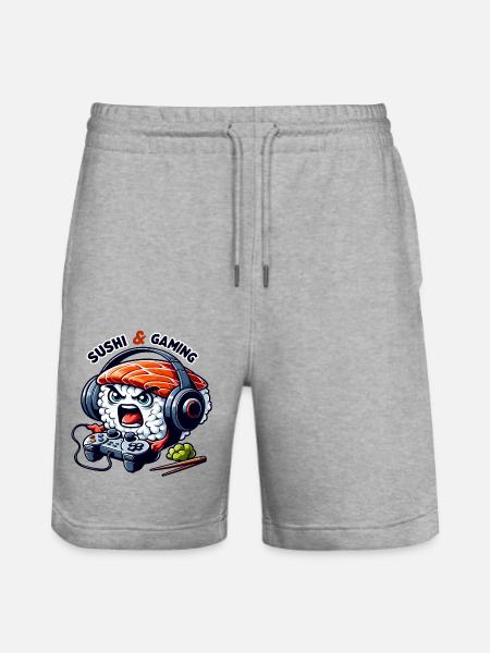 Sushi playing video games - Stanley/Stella Trainer Unisex Organic Jogging Shorts - heather grey