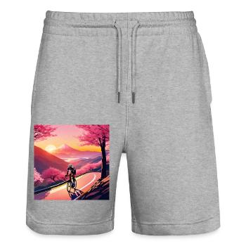 Kirschblütenzeit – Radtour - Stanley/Stella Unisex Bio Joggingshorts Trainer  - Grau meliert - Vorne - Nik (191cm) & Marisol (170cm)