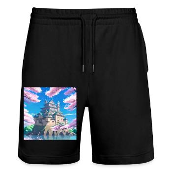 Japanese Castle surrounded by Cherry Blossom Trees - Stanley/Stella Trainer Unisex Organic Jogging Shorts - black - Front - Nik (191cm) & Marisol (170cm)