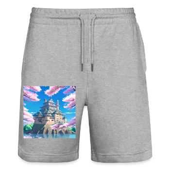 Japanese Castle surrounded by Cherry Blossom Trees - Stanley/Stella Trainer Unisex Organic Jogging Shorts - heather grey - Front - Nik (191cm) & Marisol (170cm)