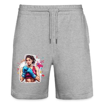 Boxeur / Sports / Combat / Arène / Ring de boxe / Poings - Short de jogging bio TRAINER Stanley/Stella unisexe - gris chiné - Devant - Nik (191cm) & Marisol (170cm)