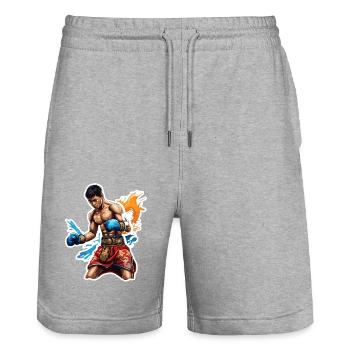 Boxeur / Sports / Combat / Arène / Ring de boxe / Poings - Short de jogging bio TRAINER Stanley/Stella unisexe - gris chiné - Devant - Nik (191cm) & Marisol (170cm)