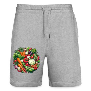 PLATEAU DE LÉGUMES, LÉGUME, PLANTE, COLORÉ, VÉGÉTARIEN, VÉGÉTALIEN - Short de jogging bio TRAINER Stanley/Stella unisexe - gris chiné - Devant - Nik (191cm) & Marisol (170cm)