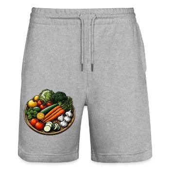 GEMÜSEPLATTE GEMÜSE PFLANZE BUNT VEGETARISCH VEGAN - Stanley/Stella Unisex Bio Joggingshorts Trainer  - Grau meliert - Vorne - Nik (191cm) & Marisol (170cm)
