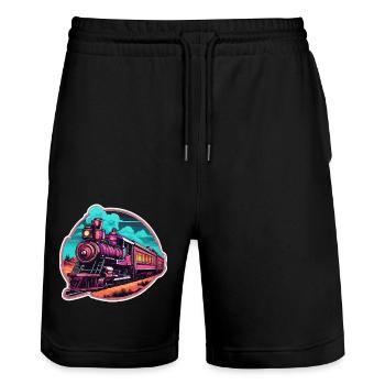 Zug / Lokomotive / Dampflok / Eisenbahn / Lock - Stanley/Stella Unisex Bio Joggingshorts Trainer  - Schwarz - Vorne - Nik (191cm) & Marisol (170cm)