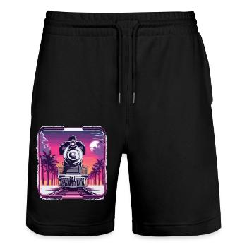 Zug / Lokomotive / Dampflok / Eisenbahn / Lock - Stanley/Stella Unisex Bio Joggingshorts Trainer  - Schwarz - Vorne - Nik (191cm) & Marisol (170cm)