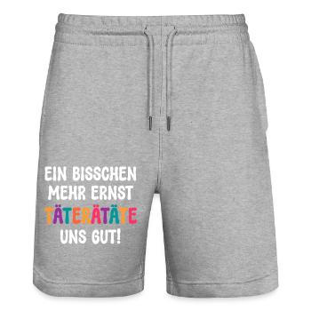 DES DÉLINQUANTS UN PEU PLUS GRAVES, C’EST BON POUR NOUS ! DICTON - Short de jogging bio TRAINER Stanley/Stella unisexe - gris chiné - Devant - Nik (191cm) & Marisol (170cm)