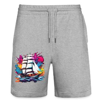 Bateau pirate / Bateau / Mer / Océan / Vagues - Short de jogging bio TRAINER Stanley/Stella unisexe - gris chiné - Devant - Nik (191cm) & Marisol (170cm)