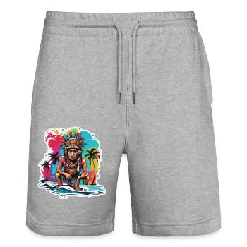 Maya / Haute Culture / Pérou / Calendrier Maya / Motif - Short de jogging bio TRAINER Stanley/Stella unisexe - gris chiné - Devant - Nik (191cm) & Marisol (170cm)