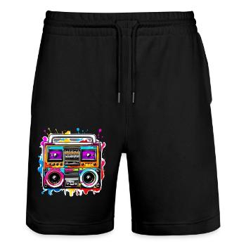 Radio / Analogique / Musique / Fréquence / Haut-parleurs - Short de jogging bio TRAINER Stanley/Stella unisexe - noir - Devant - Nik (191cm) & Marisol (170cm)