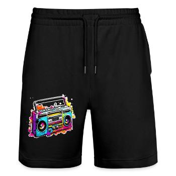 Radio / Analogique / Musique / Fréquence / Haut-parleurs - Short de jogging bio TRAINER Stanley/Stella unisexe - noir - Devant - Nik (191cm) & Marisol (170cm)