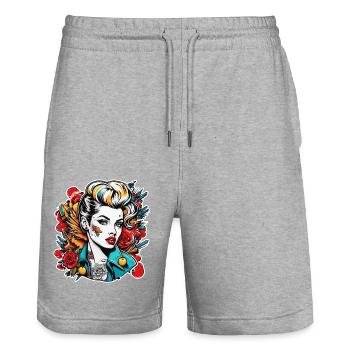 Rockabilly / Pin-up Girl / Girl Power / Années 50 - Short de jogging bio TRAINER Stanley/Stella unisexe - gris chiné - Devant - Nik (191cm) & Marisol (170cm)