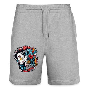 Rockabilly / Pin-up Girl / Girl Power / 50s - Stanley/Stella Trainer Unisex Organic Jogging Shorts - heather grey - Front - Nik (191cm) & Marisol (170cm)