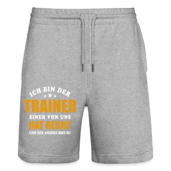 Ich bin der Trainer - einer von uns hat Recht - Stanley/Stella Unisex Bio Joggingshorts Trainer  - Grau meliert - Vorne - Nik (191cm) & Marisol (170cm)