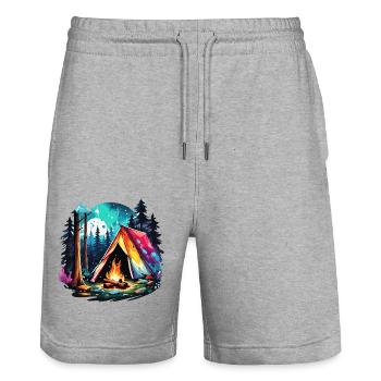Forêt / Sauvage / Tente / Sauvage / Arbres / Vie - Short de jogging bio TRAINER Stanley/Stella unisexe - gris chiné - Devant - Nik (191cm) & Marisol (170cm)