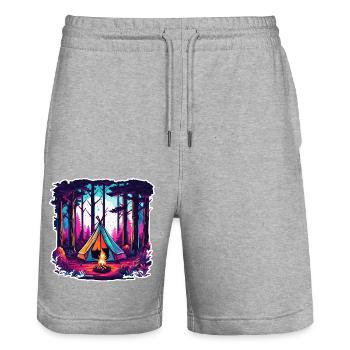 Forêt / Sauvage / Tente / Sauvage / Arbres / Vie - Short de jogging bio TRAINER Stanley/Stella unisexe - gris chiné - Devant - Nik (191cm) & Marisol (170cm)