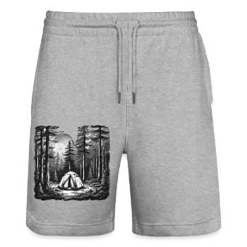 Forêt / Sauvage / Tente / Sauvage / Arbres / Vie - Short de jogging bio TRAINER Stanley/Stella unisexe - gris chiné - Devant - Nik (191cm) & Marisol (170cm)