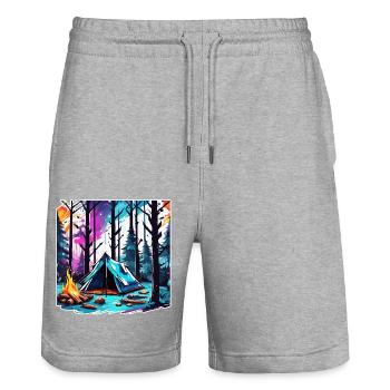 Forêt / Sauvage / Tente / Sauvage / Arbres / Vie - Short de jogging bio TRAINER Stanley/Stella unisexe - gris chiné - Devant - Nik (191cm) & Marisol (170cm)