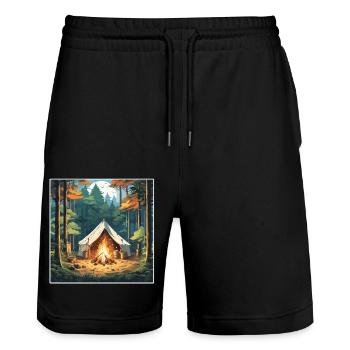 Forêt / Sauvage / Tente / Sauvage / Arbres / Vie - Short de jogging bio TRAINER Stanley/Stella unisexe - noir - Devant - Nik (191cm) & Marisol (170cm)