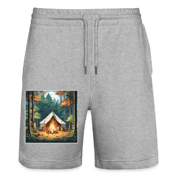 Forêt / Sauvage / Tente / Sauvage / Arbres / Vie - Short de jogging bio TRAINER Stanley/Stella unisexe - gris chiné - Devant - Nik (191cm) & Marisol (170cm)