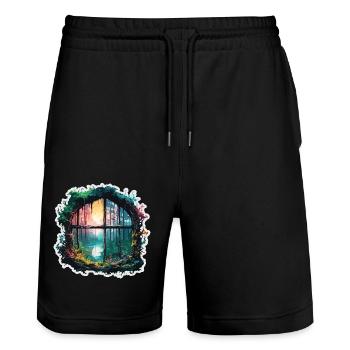 Fenster im Wald / Bäume / Ausblick / Wildnis - Stanley/Stella Unisex Bio Joggingshorts Trainer  - Schwarz - Vorne - Nik (191cm) & Marisol (170cm)