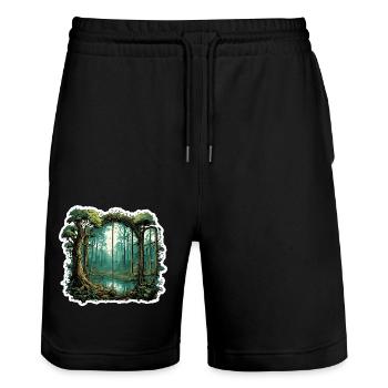 Fenster im Wald / Bäume / Ausblick / Wildnis - Stanley/Stella Unisex Bio Joggingshorts Trainer  - Schwarz - Vorne - Nik (191cm) & Marisol (170cm)