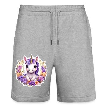 Licorne avec des Roses colorées - Licorne douce - Short de jogging bio TRAINER Stanley/Stella unisexe - gris chiné - Devant - Nik (191cm) & Marisol (170cm)