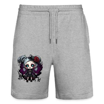Horror Puppe / Halloween / gruselig / düster - Stanley/Stella Unisex Bio Joggingshorts Trainer  - Grau meliert - Vorne - Nik (191cm) & Marisol (170cm)
